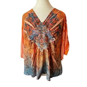 Only Nine Blouse Top Womans Floral Orange 3/4 Sleeves Y- Size 3X